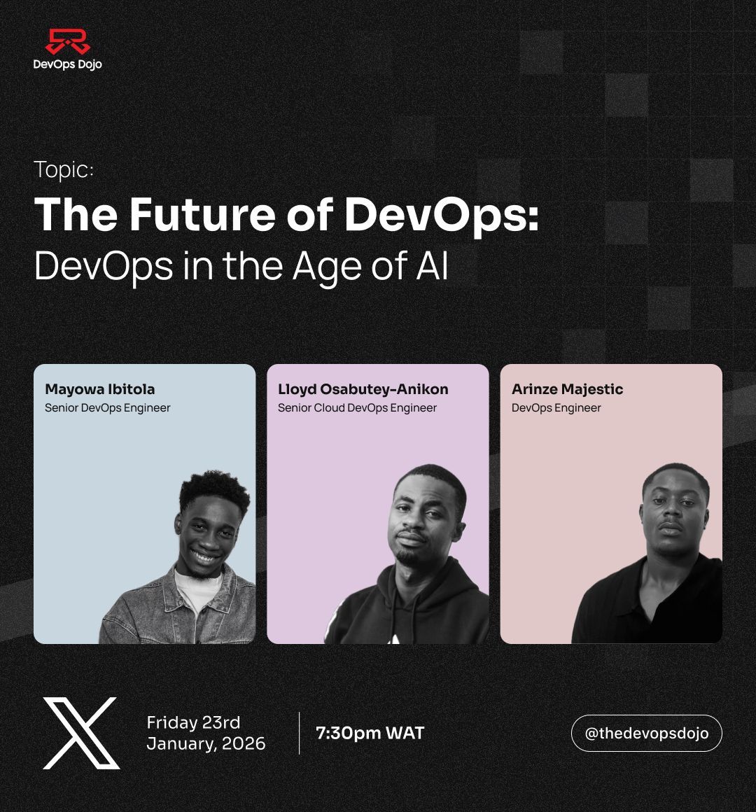 thedevopsdojo's tweet photo. Join us tomorrow!
Weโre talking The Future of DevOps: DevOps in the Age of AI
Real insights. Real engineers. Real conversations.
Donโt miss it!
๐ Tomorrow, Jan 23
โฐ 7:30 PM WAT
๐ X Spaces
#DevOps #AI #FutureOfDevOps #DevOpsCommunity #CloudEngineering #TechTalk #DevOpsDoj https://t.co/Px35IzY4FM
