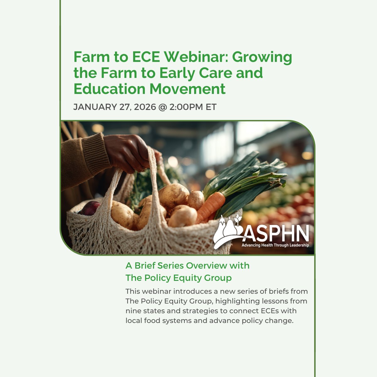 Join us on Jan 27 for a #FarmToECE webinar with the @‌policyequity.

Learn from 9 states and explore strategies to strengthen systems—especially for #CACFP sites. linktr.ee/asphn #PublicHealthNutrition
