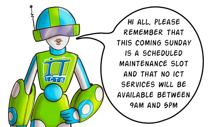 Please note that this coming Sunday is a scheduled maintenance slot and that limited ICT services will be available between 9 a.m. and 5 p.m.

<a href="/UCT_news/">UCT</a>
<a href="/UCTStudent/">UCT Student</a>
<a href="/UCT_SRC/">UCT SRC</a>

ow.ly/Ng3z50XZAIB