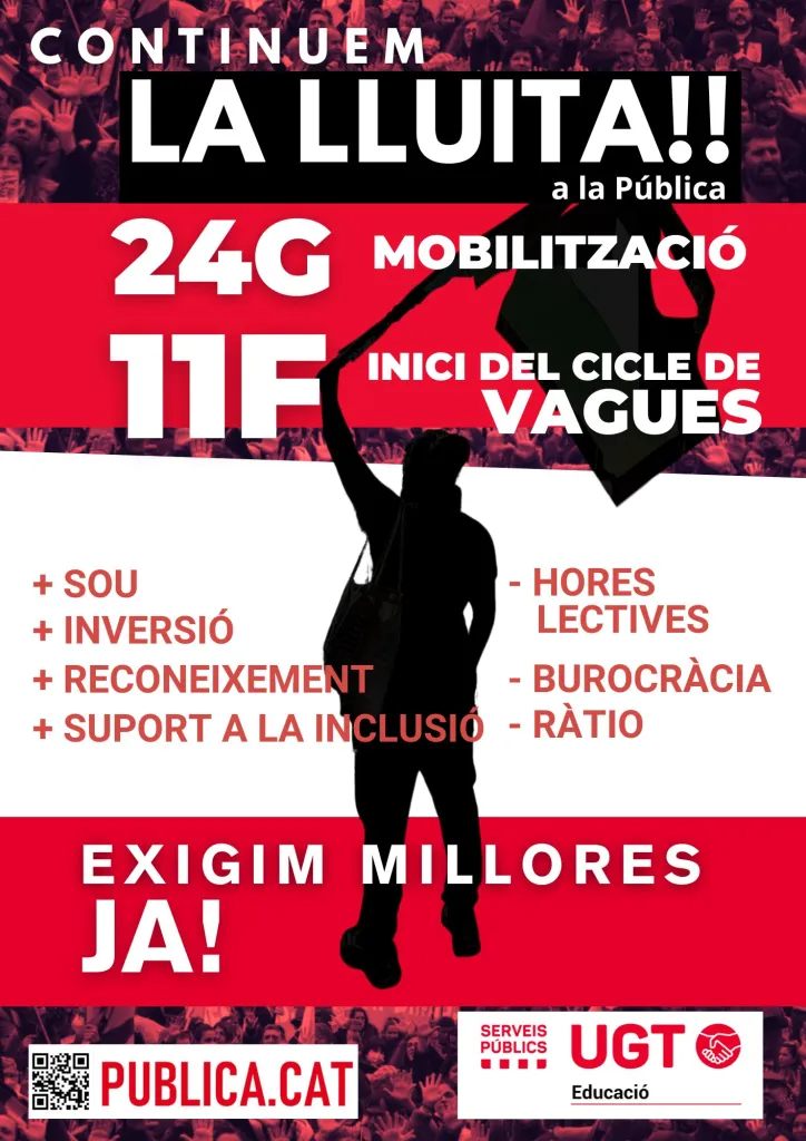 📢 Davant l’incompliment del calendari de negociació per part del Departament d’Educació, el professorat es mobilitza.

 📆 Dissabte 24 de gener
🕦 11.30 h
📍 Arc de Triomf (Barcelona)

L’educació pública necessita negociació, recursos i respecte als acords.  <a href="/ugt_sp_cat/">UGT - Serveis Públics de Catalunya</a>
