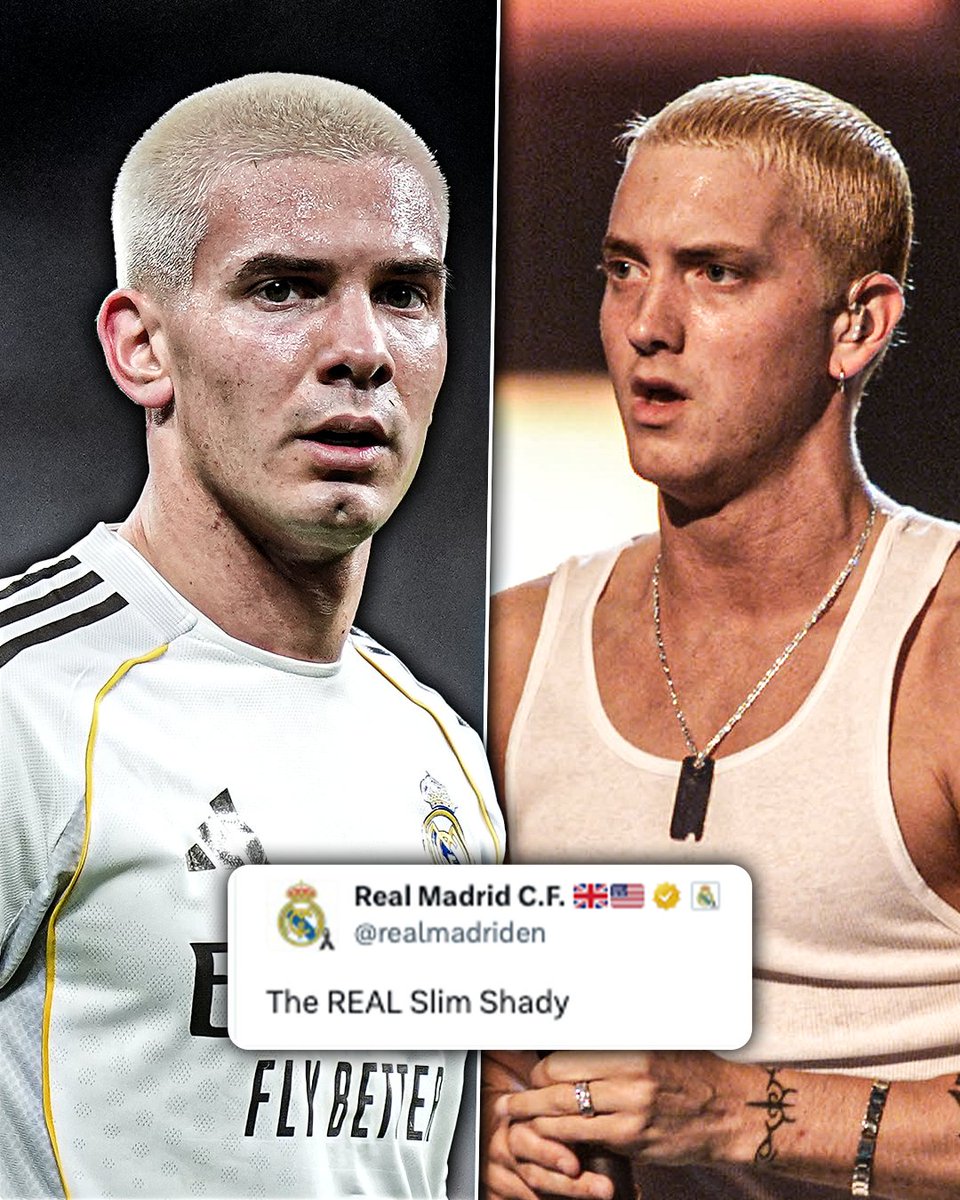 ESPNFC's tweet image. Real Madrid's English X account leaning into the Franco Mastantuono and Eminem comparisons 😆