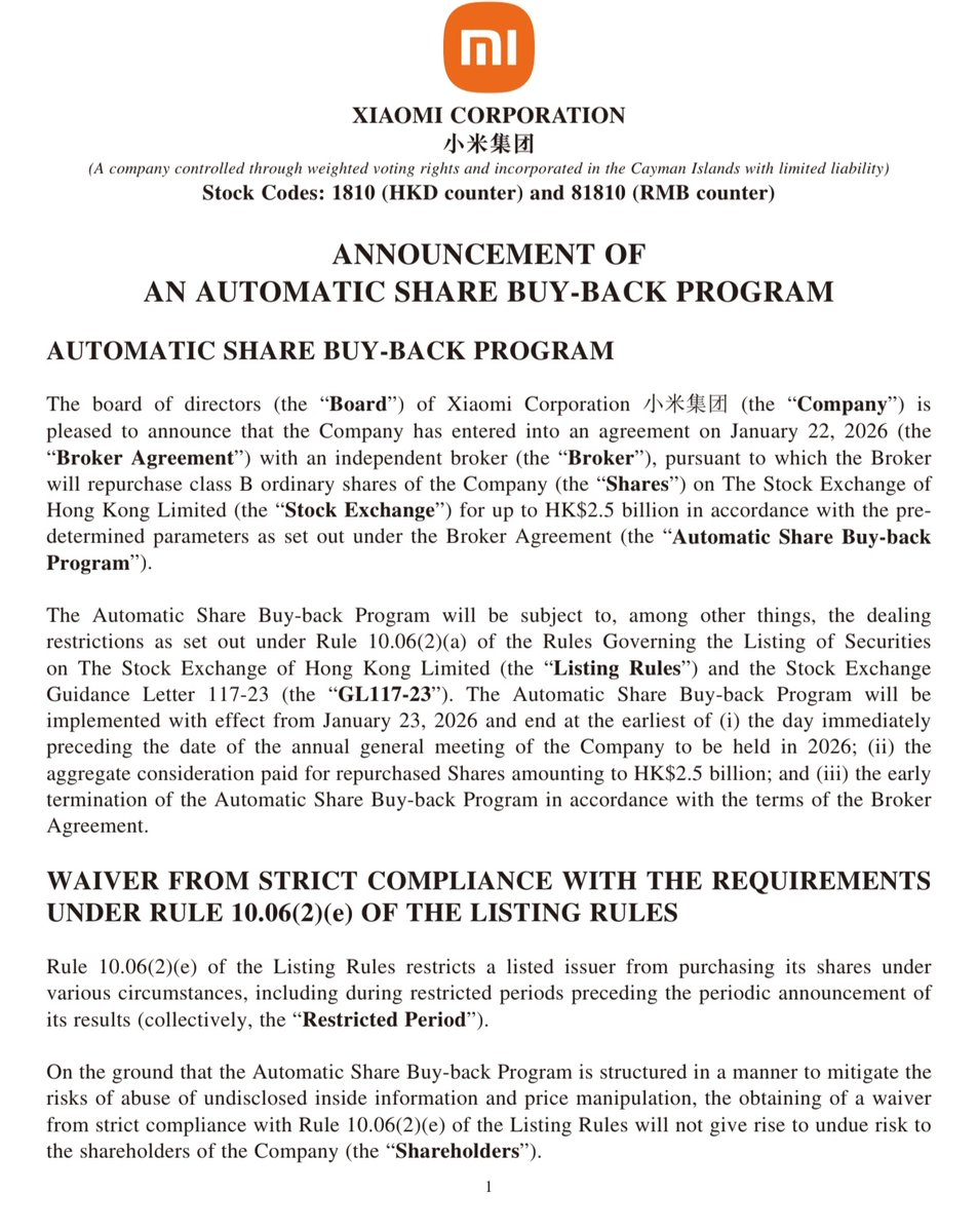 Xiaomi doing origami with the HK listing rules to enable share buybacks  continuing during the blackout period. Another innovation by Lei Jun. 🫡