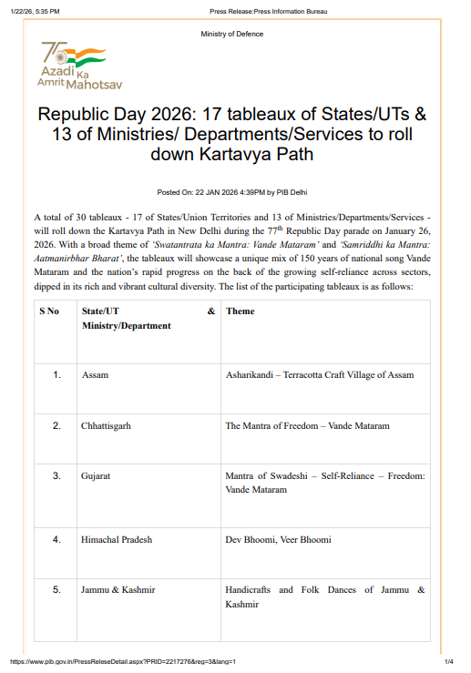 ANI's tweet photo. A total of 30 tableaux - 17 of States/Union Territories and 13 of Ministries/Departments/Services - will roll down the Kartavya Path in New Delhi during the 77th Republic Day parade on January 26, 2026. With a broad theme of ‘Swatantrata ka Mantra: Vande Mataram’ and ‘Samriddhi ka Mantra: Aatmanirbhar Bharat’, the tableaux will showcase a unique mix of 150 years of national song Vande Mataram and the nation’s rapid progress on the back of the growing self-reliance across sectors, dipped in its rich and vibrant cultural diversity: Ministry of Defence