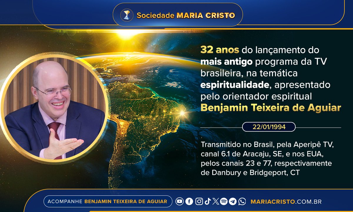 BenjaminTAguiar's tweet photo. 32 anos do lançamento do mais antigo programa da TV brasileira, na temática espiritualidade, apresentado pelo orientador espiritual Benjamin Teixeira de Aguiar

#SociedadeMariaCristo #BenjaminTeixeiradeAguiar #Espiritualidade #32Anos #ProgramaTV #TVBrasileira https://t.co/t7sVyumh6B