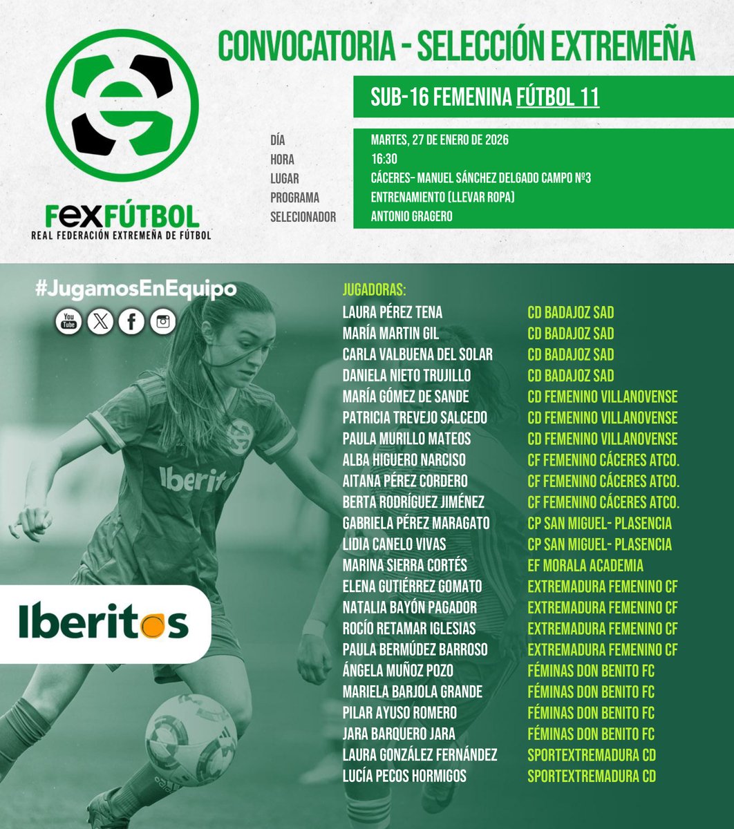 💚🤍🖤 | #SelecciónExtremeña |

📌Nuevas convocatorias para las Selecciones EXTREMEÑAS Sub-14 y Sub-16 Femeninas el martes 27 de enero en 📍Cáceres.

#SomosFEXFUTBOL
#VamosExtremeña