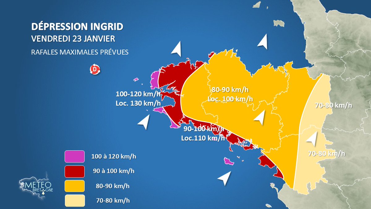 MeteoBretagne's tweet image. #Bretagne #Prévisions 
La dépression Ingrid sera particulièrement creuse demain vendredi. Elle va provoquer de fortes/très fortes rafales de vent, quasiment toute la journée.