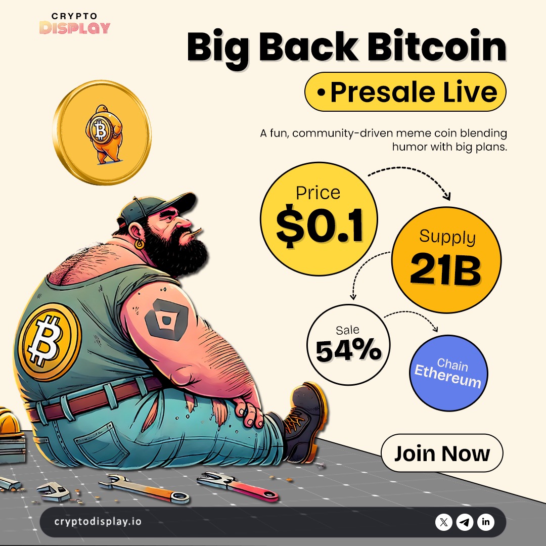 Big Back Bitcoin $BBBTC Presale is LIVE! A fun, community-driven meme coin  blending humor with big plans 🚀 Price: $0.1 Supply: 21B Sale: 54% Chain:  Ethereum 👉 Join early: https://t.co/VOg05oFu53 #BigBackBitcoin #MemeCoin #