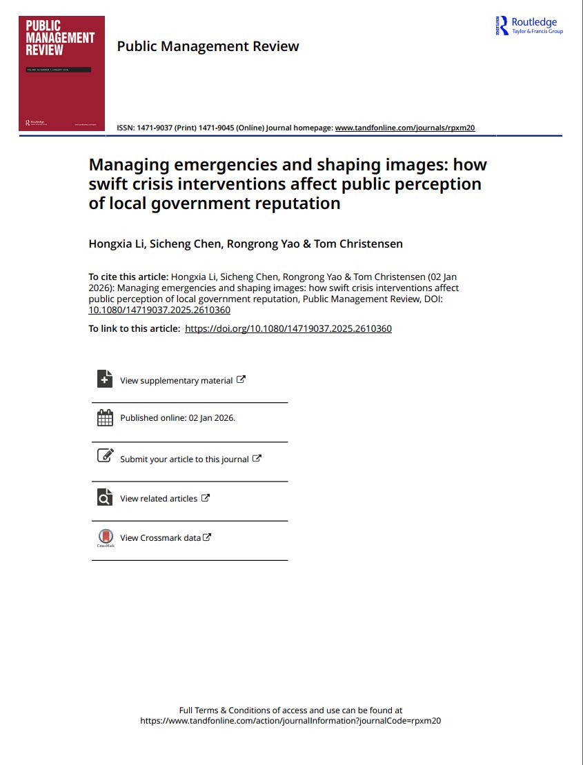 Sicheng_thu's tweet photo. New publication alert! 🚨Our new PMR study tests how time strategies in crisis response—timing (pre vs post), sequence (defensive vs accommodative), tempo (fast vs slow)—shape public perceptions of local government reputation. Evidence from a 2×3×2 factorial experiment (n=1520). https://t.co/a2ml8Y2rbY