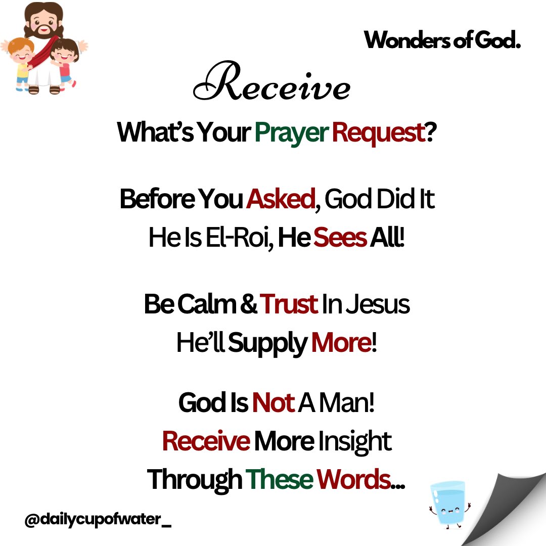 dailycupofwater's tweet photo. Daily Words: God Will Provide!

Divine Provision Is Here!#dailywords 

List Out All Your Needs &amp; See God’s Hand Tick Them Off!👼🏽👑🎁#jesus 

Heaven Is Never In Shortage! Be Calm &amp; Trust In God’s Plan!🌾🧺 #dailymotivation 

You’re Precious In God’s Sight!❤️🫂 #wondersofGod 👼🏽🚚🎁 https://t.co/oIRBIZGZpS