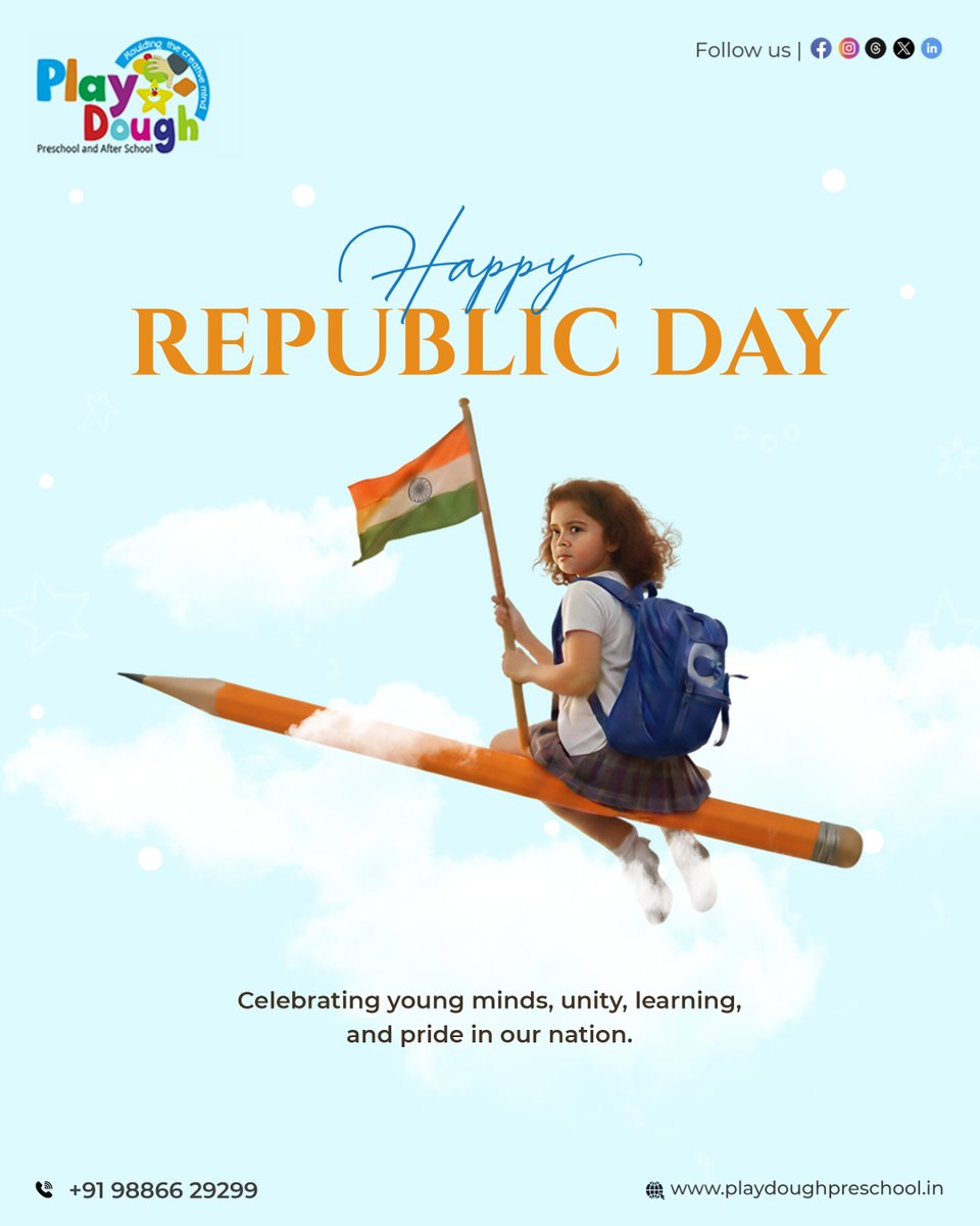 playdoughschool's tweet photo. Celebrating Republic Day with pride and joy ✨

Play Dough Preschool wishes all our loved ones a very Happy Republic Day.
May all our little ones grow with strong values, freedom, and love for our nation.

#playdoughpreschool #HappyRepublicDay #RepublicDayIndia #ProudToBeIndian https://t.co/2Md2I5V7FA
