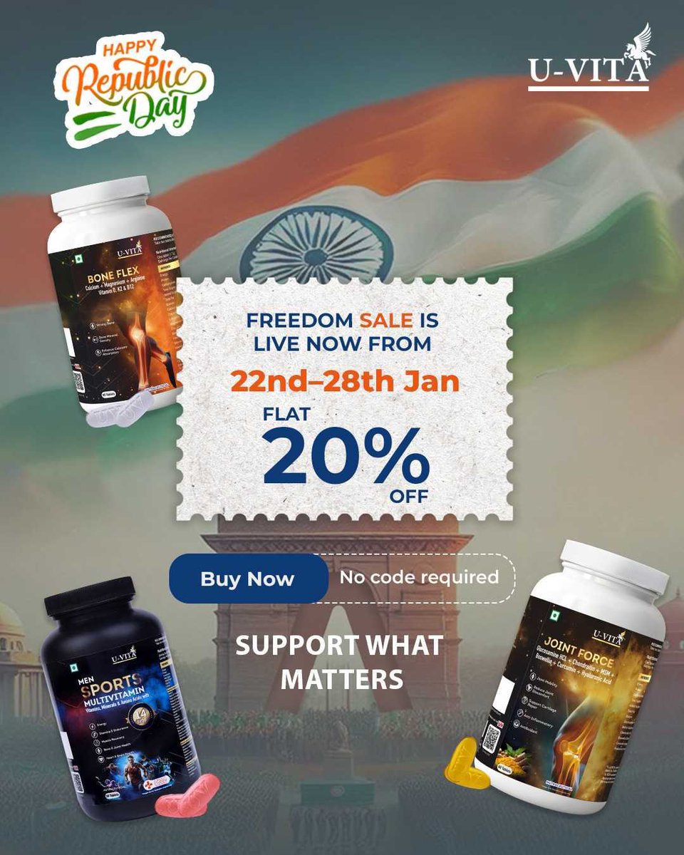 uvita_nutrition's tweet image. This Republic Day, unlock the power of wellness with U-Vita!🇮🇳

Enjoy a flat 20% OFF on all our top-rated supplements from 22nd-28th Jan.
No code needed, just buy and feel your best! 💪🏻

Celebrate freedom with health that matters.

#uvitanutrition #freedomsale #supportwhatmatters