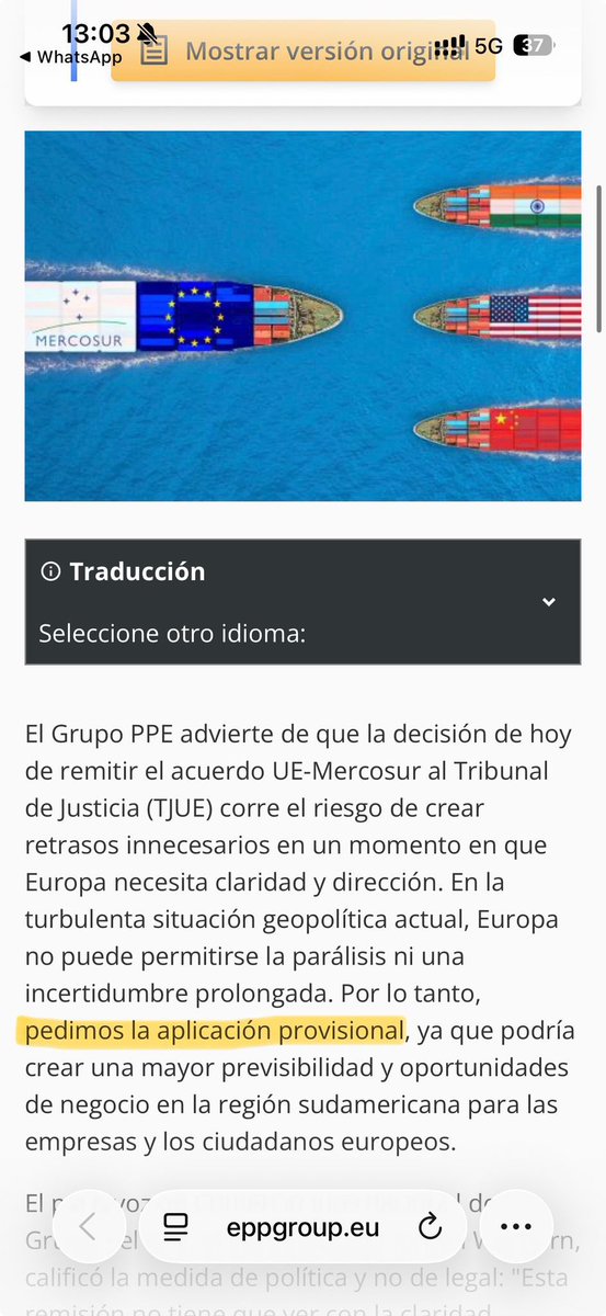 Aclaraos en Génova porque tus compañeros en Bruselas están pidiendo que se aplique ya provisionalmente Mercosur
