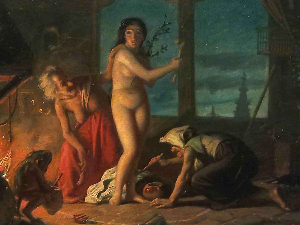 Sabía que el escritor Gustavo Adolfo Bécquer sentía predilección por lo oculto, pero me ha sorprendido encontrar este cuadro en la exposición "Los Bécquer, un linaje de artistas" del <a href="/MuseoBASe/">Museo de Bellas Artes de Sevilla</a> 

Una escena inquietante que bien podría tener relación con oscuros hechos reales 🧵👇