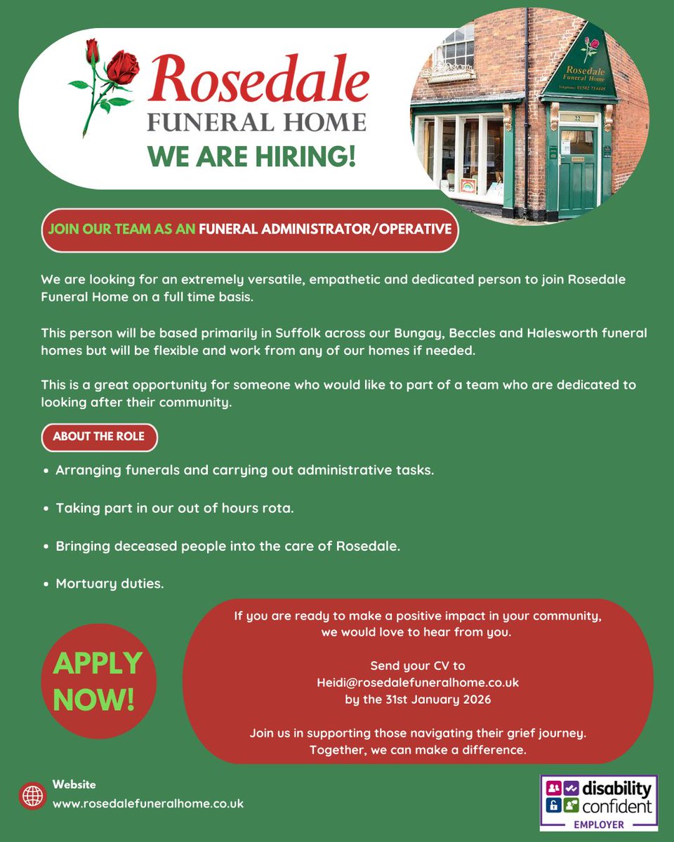 Rosedale are looking for an extremely versatile, empathetic &amp; dedicated person to join Rosedale Funeral Home on a FT basis.
Based primarily in Suffolk across the Bungay, Beccles &amp; Halesworth funeral homes but will be flexible &amp; work from any of the homes if needed.