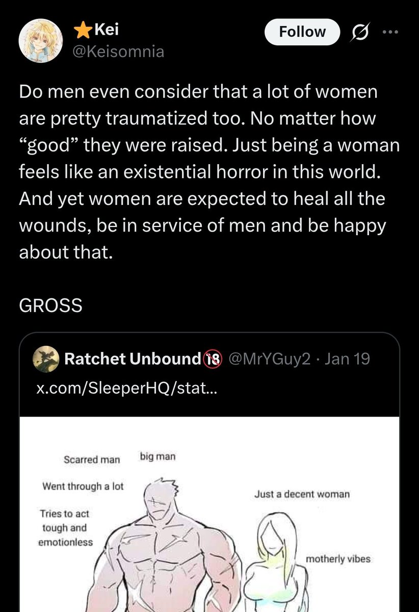 MrYGuy2's tweet photo. After looking at all the quotes and replies I've come to realize that the main types of people that hate this image are:

-Women with insecurities or bad relationship problems 

-Gay men speaking for women 

-Minors that never even been in a relationship 

-And activists https://t.co/DQ2JpwAP5s