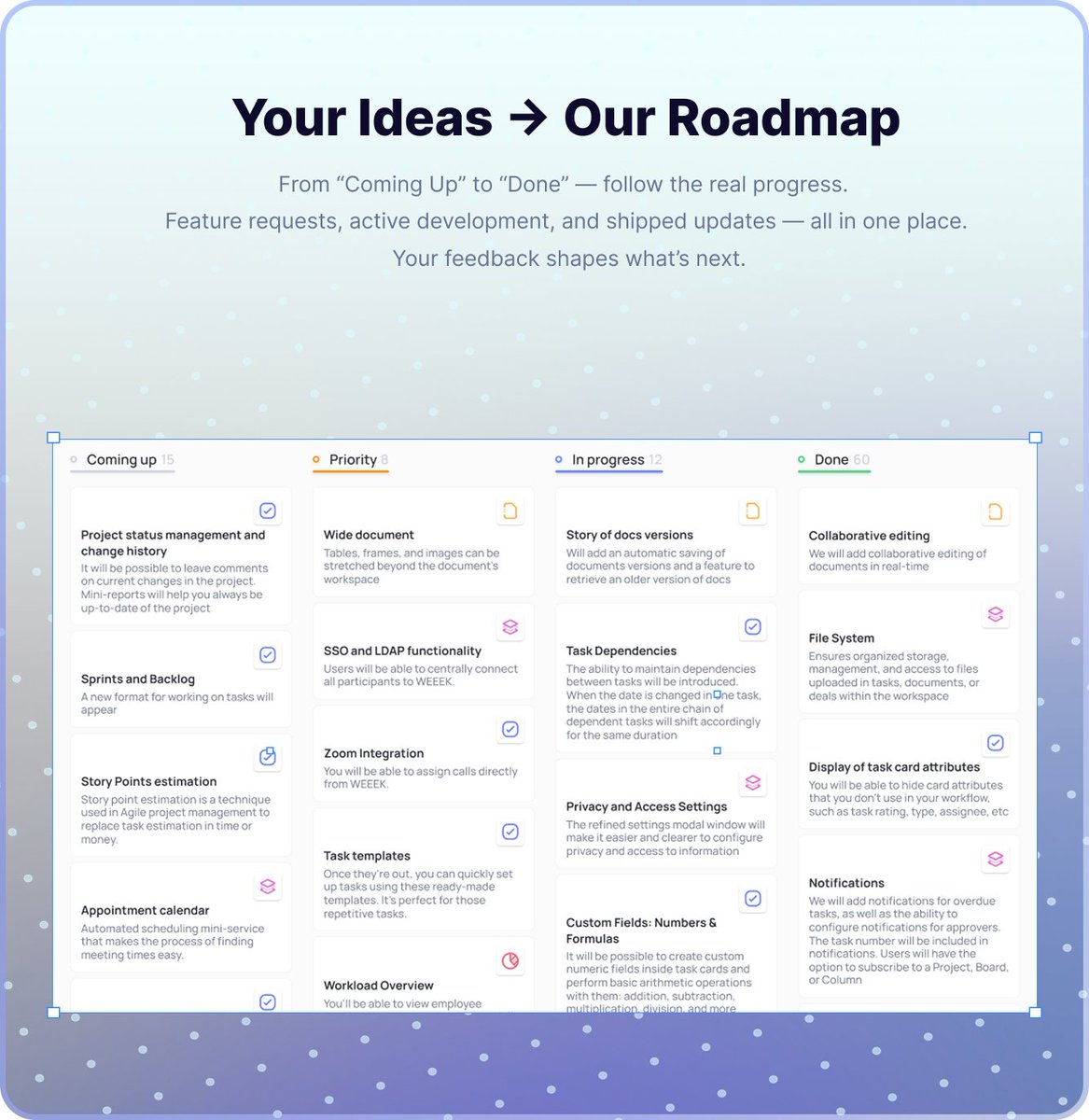 arami_workspace's tweet photo. Interested in what’s being built right now?👀 

Our public roadmap lays it out: 

🟣 Coming up
🟡 Priority
🔵 In progress
🟢 Done

Submit suggestions, vote, and watch features advance along the board.

#ProductUpdate #Roadmap #TeamWorkspace #Feedback https://t.co/aux3WrgFzW
