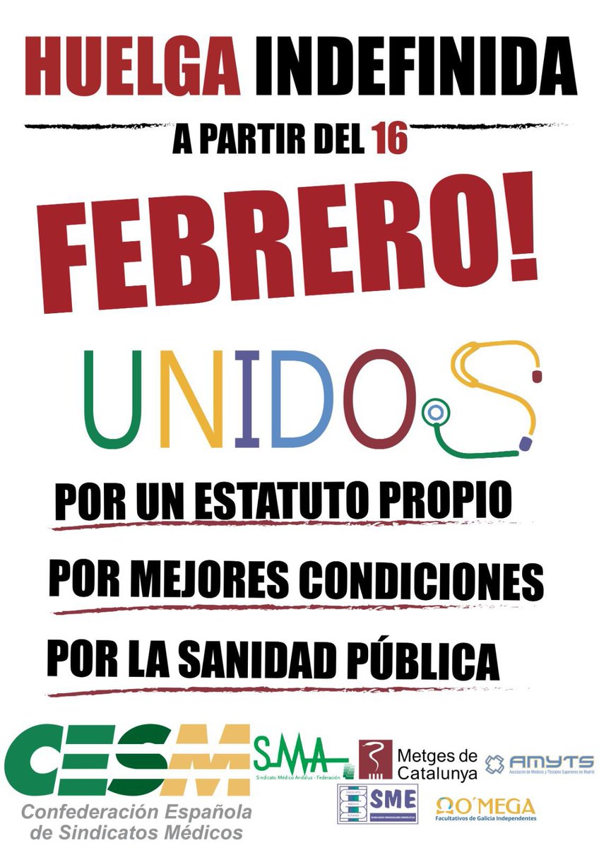 🧑🏼‍⚕️👨🏻‍⚕️Los médicos sólo pedimos lo que merecemos:
🗣️Un Estatuto Propio que cuide nuestras condiciones.

La Sanidad Pública es para todos‼️

📢A partir del 16 de febrero Huelga Indefinida🙌🏻
#Unidos somos más fuertes
#HuelgaIndefinida #estatutopropio