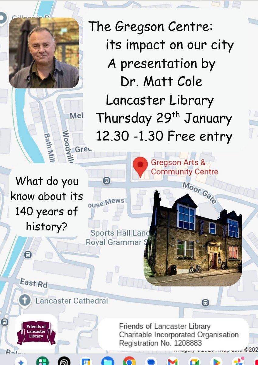 DrMRCole's tweet photo. I look forward to speaking to the Friends of Lancaster Library next week - details below. My subject is the benefits of looking at Lancaster's history through one smaller but enduring institution - in this case the Gregson Centre. See you there! https://t.co/twbb2tbjj1