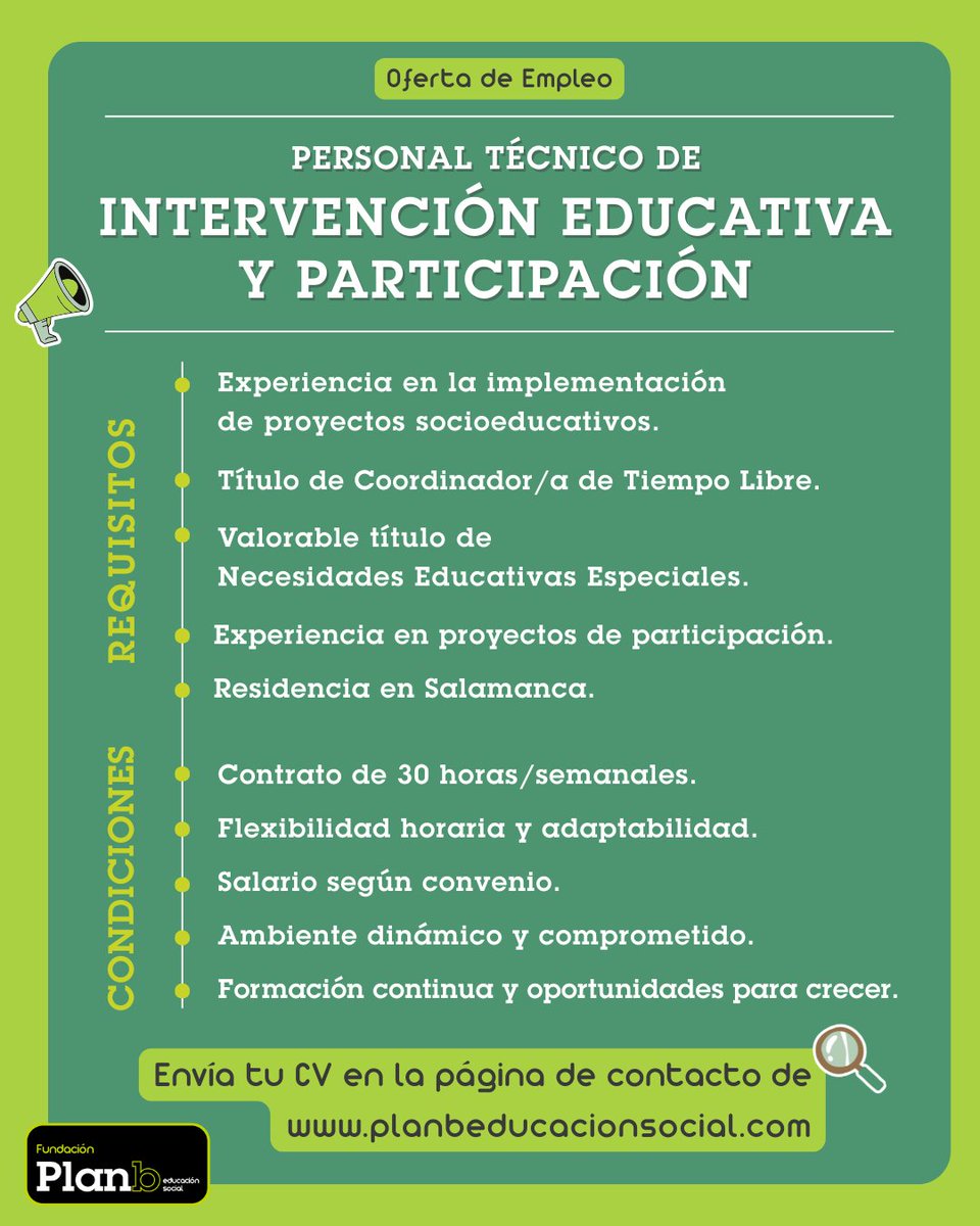 📣 OFERTA DE EMPLEO 📣

Buscamos a un/a técnico de Intervención Educativa y Participación para varios proyectos. 

Será un puesto de 30 horas en #Salamanca para el que es imprescindible tener el título de Coordinación de Tiempo Libre.

Envía tu CV en planbeducacionsocial.com/contacto/