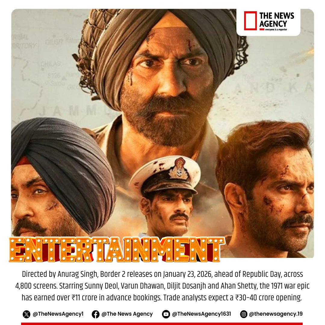 TheNewsAgency1's tweet photo. #Border2 #VarunDhawan #SunnyDeol #diljitdosanjh #ahanshetty #GharKabAaoge #SonuNigam #RepublicDay2026 #IndianArmyDay #PatrioticFilm #Border2Opening #Border2Blockbuster
@arijitsingh @iamsunnydeol @Varun_dvn @ahanshetty28 https://t.co/VQ0bEJjpyQ