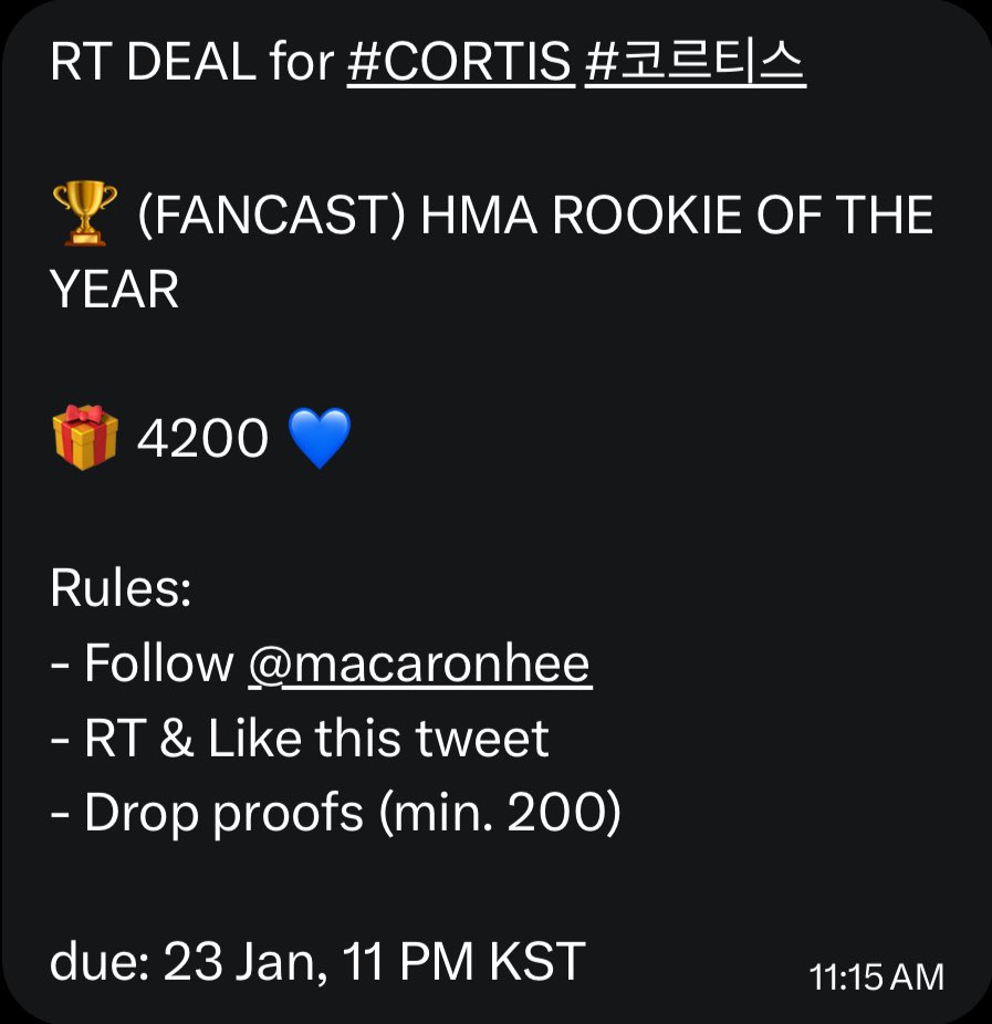 forcort1s's tweet image. RT DEAL for #CORTIS #코르티스 

🏆 (FANCAST) HMA ROOKIE OF THE YEAR  

🎁 4200 💙

Rules: 
- Follow @macaronhee 
- RT &amp;amp; Like this tweet 
- Drop proofs (min. 200)

due: 23 Jan, 11 PM KST