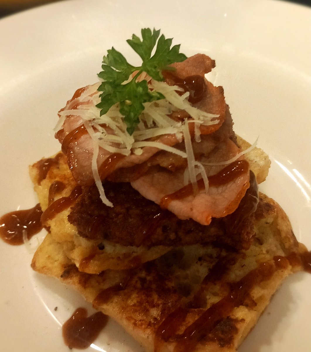 French toast slice sausage bacon brown sauce brunch is ready