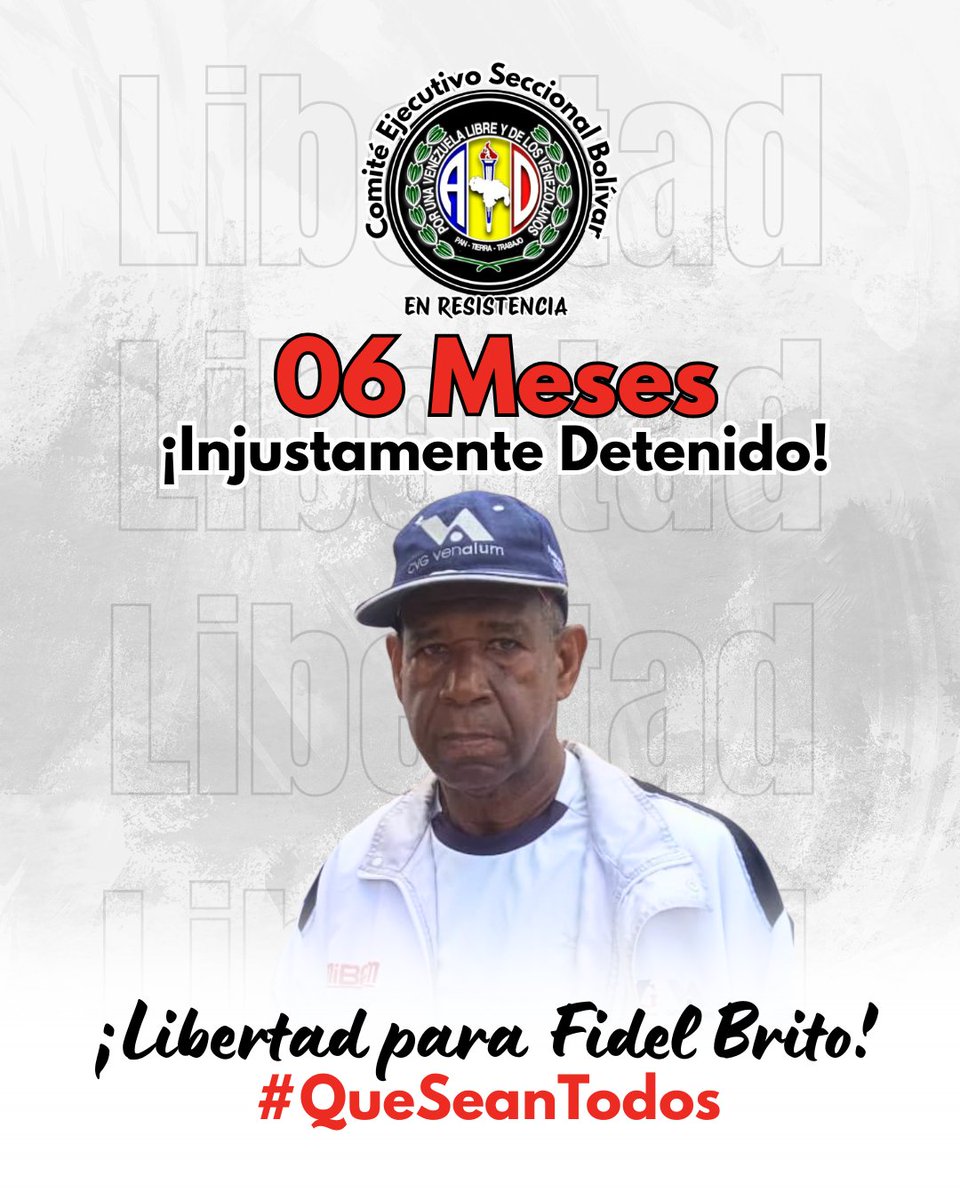 Hoy nuestro compañero #FidelBrito cumple 06 Meses injustamente detenido.

¡Exigimos su Libertad inmediata y la de todos los presos políticos!

#QueSeanTodos
#LibertadParaTodosLosPresosPoliticos