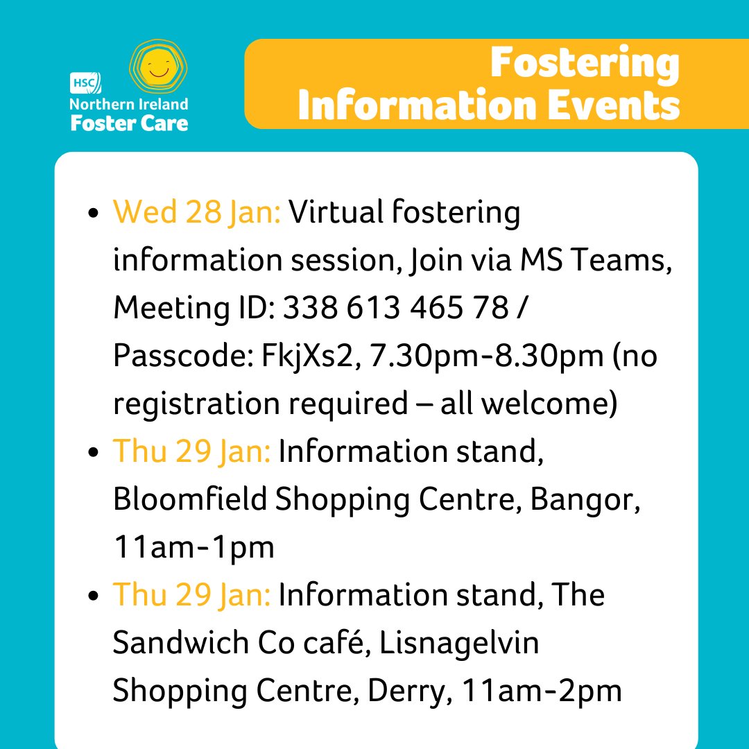 Check out our events calendar to find out about  upcoming fostering events:⬇
adoptionandfostercare.hscni.net/events/

#CouldYouFoster #HSCNIFosterCare #fostercare #fosteringNI #fostering #foster #YourFirstPortOfCallForFostering