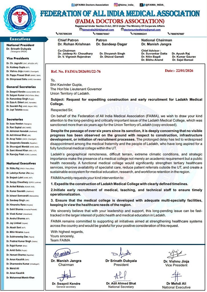 PTI_News's tweet photo. FAIMA Doctors Association (@FAIMA_INDIA_) postsLadakh Medical College was sanctioned 6+ years ago, yet construction & recruitment remain stalled.  FAIMA urges the Hon’ble LG, UT Ladakh to fast-track construction, initiate recruitment, and ensure multi-specialty facilities—a vital step for healthcare in this strategically important region."