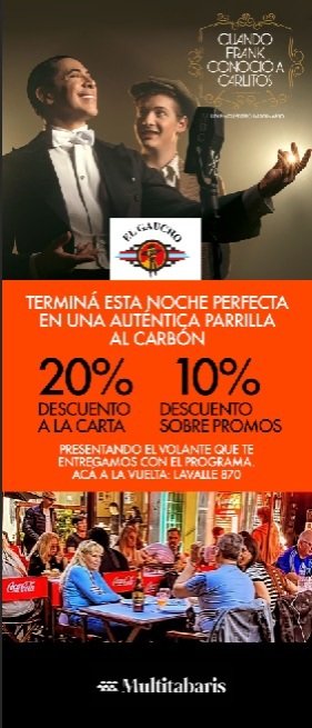 Si van al Teatro MultiTabarís, pueden pasar por <a href="/PeatonalLavalle/">Peatonal Lavalle</a> 870 a buscar su descuento para ver "Cuando Frank conoció a Carlitos", cuando salen pueden venir a Cenar con los descuentos que el Teatro ofrece en el HaII y Programa.
Descuento doble. Planazo.
¿Dudas? 11-3905-8941.