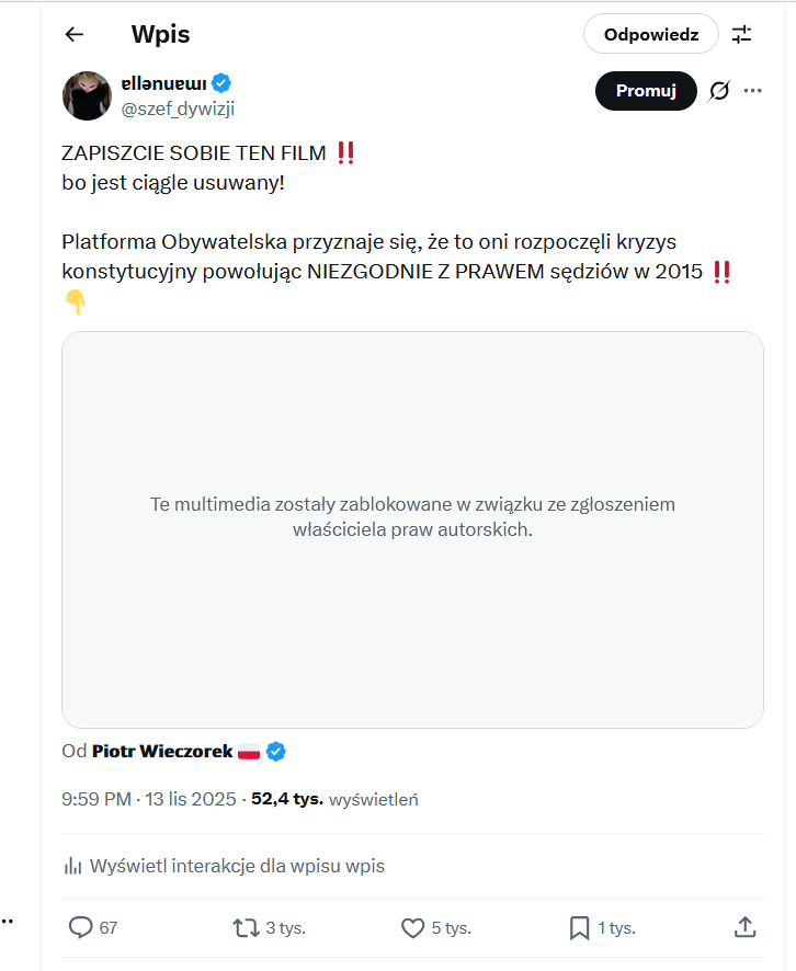 ZOBACZCIE jak banda rudego cenzuruje internet ‼️

Usuwają film, na którym Platforma Obywatelska przyznaje się, że to oni spowodowali KRYZYS KONSTYTUCYJNY, powodując nieprawidłowo sędziów w 2015 roku

‼️‼️‼️‼️

Podajcie dalej, niech jak najwięcej ludzi zobaczy ‼️