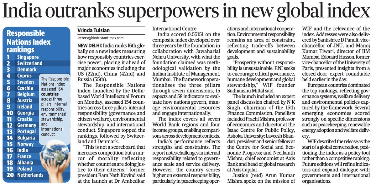 India steps into the Ratings game. About time. “Responsible Nations Index is India’s first globally anchored index designed to assess countries on the basis of responsible governance, social well-being, environmental stewardship, and global responsibility, moving beyond