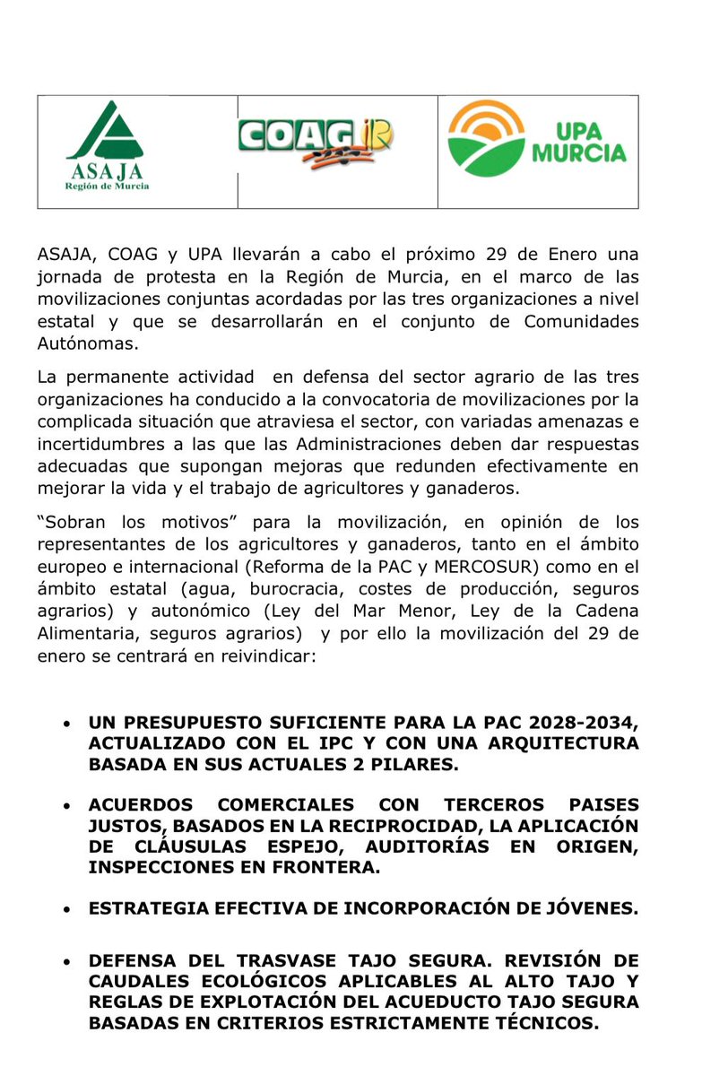 scrats_regantes's tweet image. 🔴 El SCRATS se suma la protesta del sector primario.

Desde el SCRATS respaldamos las movilizaciones convocadas por las organizaciones agrarias este 29 de enero en todo el Levante: Murcia, Alicante y Almería.