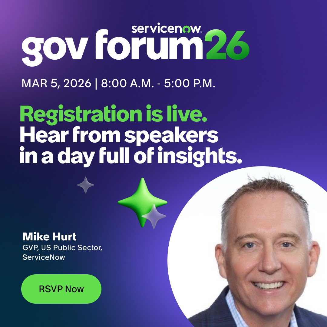 gdolan's tweet photo. Mike Hurt, GVP, US Public Sector at ServiceNow, will guide our keynote on March 5, where actionable strategies will be shared for agencies to accelerate their mission. Learn more: https://t.co/1GNdJWBCsr https://t.co/WTwpQnNbc4