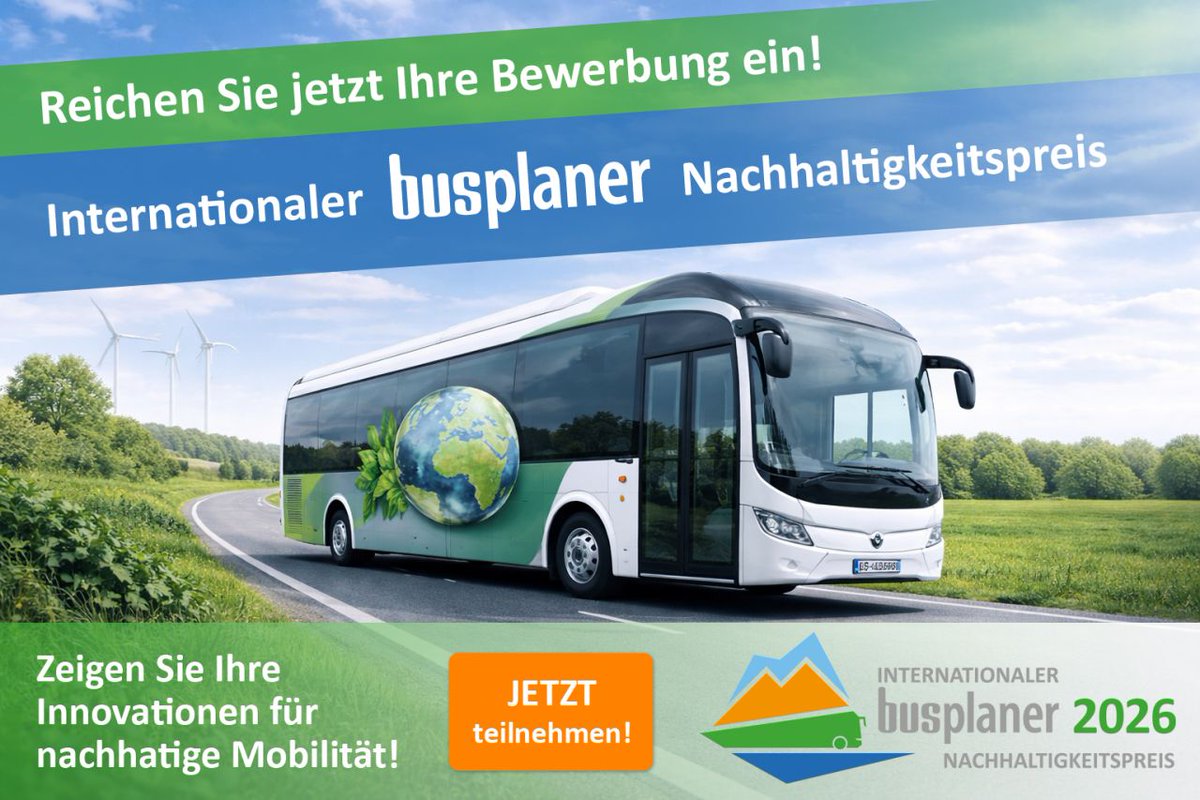 Sind Sie mit Ihrem  Unternehmen oder Projekt bereits Vorreiter in Sachen nachhaltige  Mobilität? Dann nutzen Sie die Chance und bewerben Sie sich für den  Internationalen busplaner Nachhaltigkeitspreis! >> busplaner.de/de/veranstaltu…