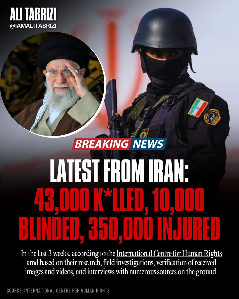 JUST IN: According to the International Centre for Human Rights' research, field investigations, verification of received images and videos, and interviews with numerous sources on the ground - the loss of life for freedom fighters in Iran over the last weeks could be 43,000,