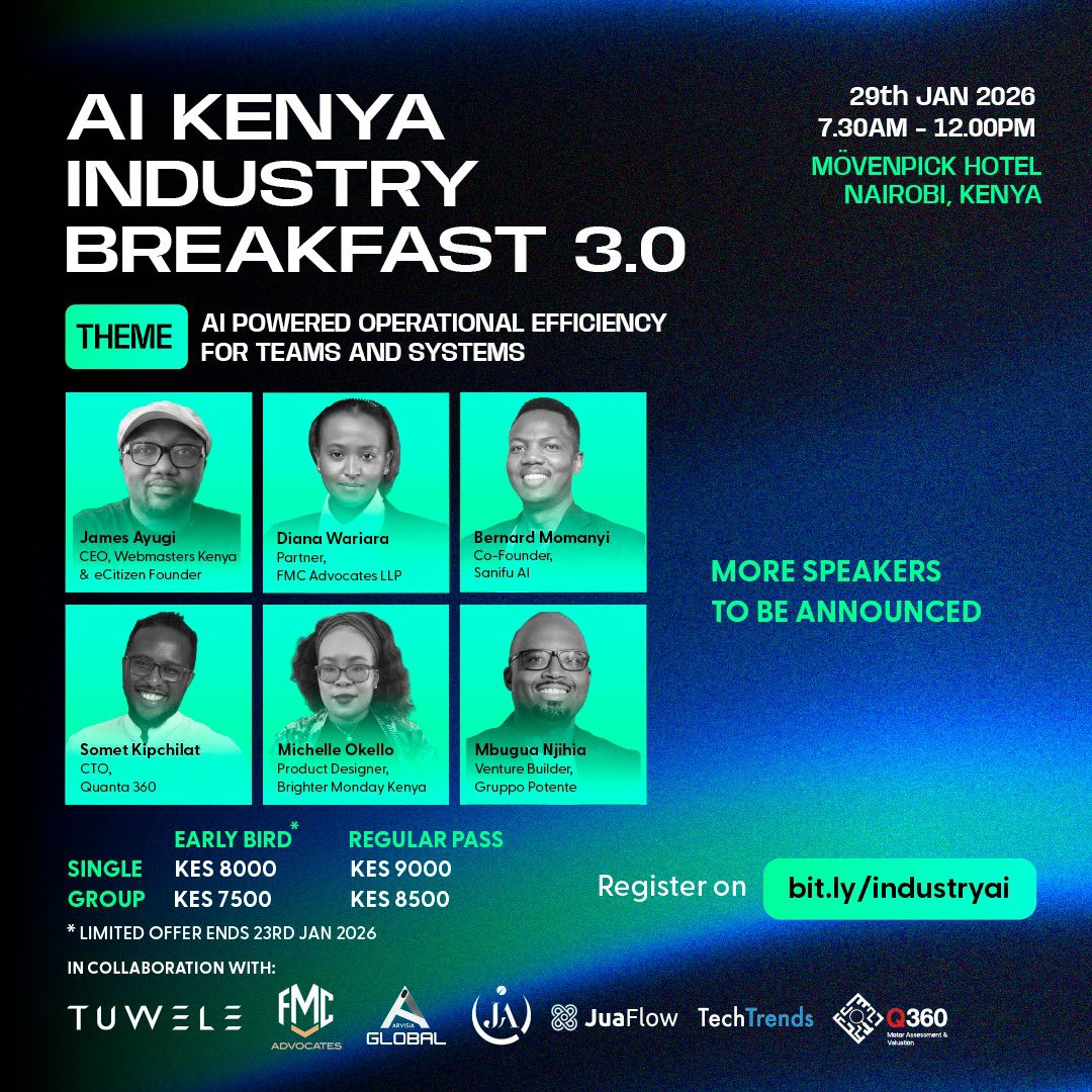 webmasterske_'s tweet photo. Our CEO James Ayugi is opening #AIKenya Industry Breakfast 3.0 🔥
Jan 29 | Mövenpick, Nairobi
Topic: AI-Powered Operational Efficiency
Enterprise AI happens here 🚀
Register: https://t.co/5QhZebcQMr https://t.co/4O9ABOkZ8c