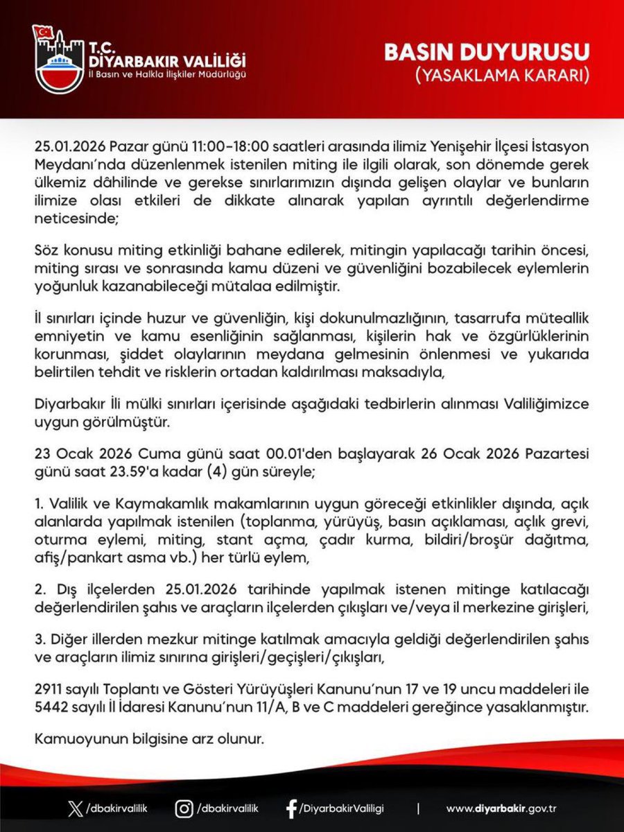metinyoksu's tweet photo. Diyarbakır Valiliği 23 Ocak ile 26 Ocak arasında eylem etkinlik yasağı kararı aldı. 
25 Ocak’ta Dem Parti’nin miting planlaması vardı. https://t.co/Dyh7Z8bEi4