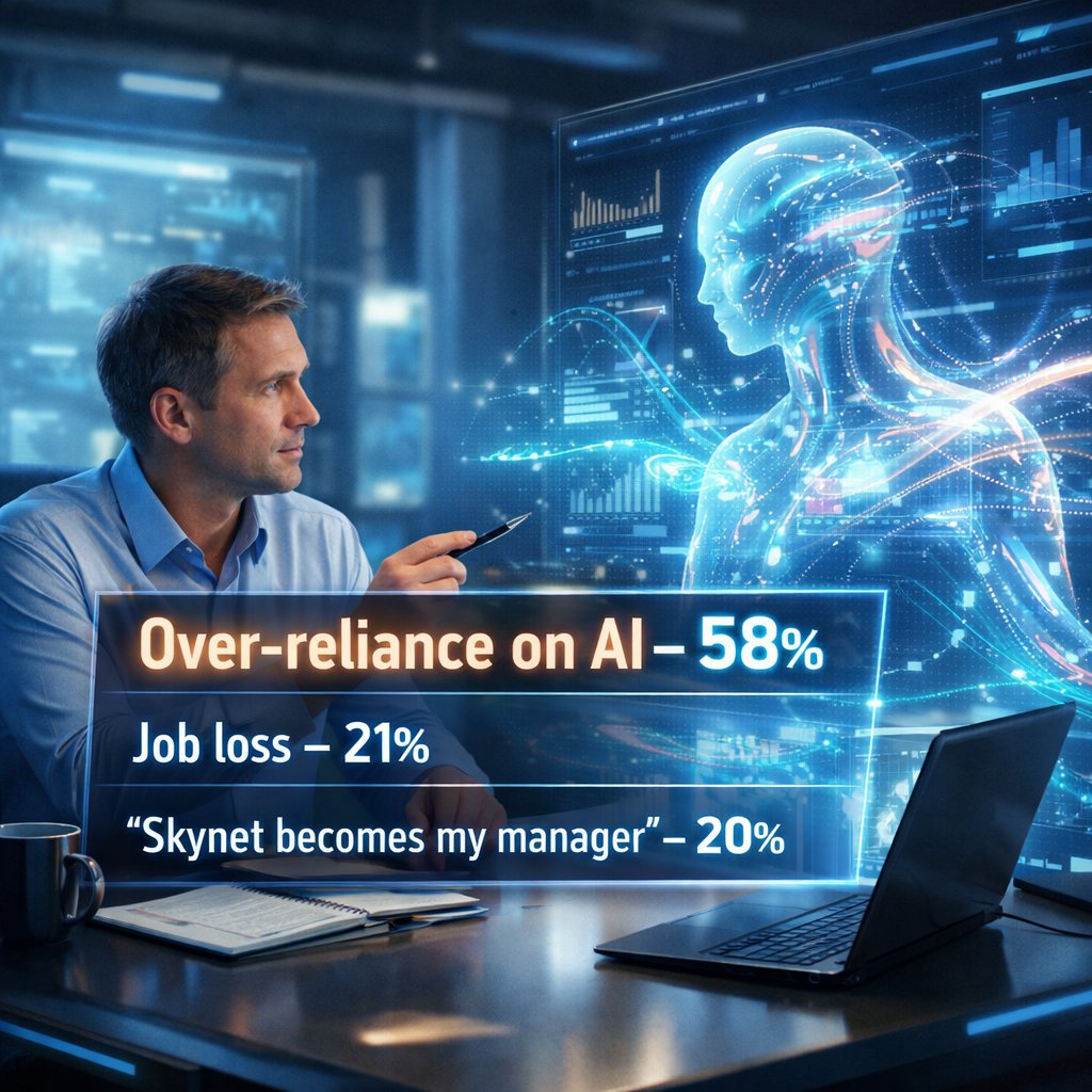 Global_Teck's tweet photo. The biggest fear about AI at work is not replacement. It is dependence.

In this poll, 58% said over-reliance on AI scares them most, compared to 21% worried about job loss and 20% jokingly fearing “Skynet becoming their manager.” The results reveal a more nuanced concern than headlines often suggest.

People are not rejecting AI. They are questioning what happens when human judgment is slowly outsourced. Over-reliance risks dulling critical thinking, weakening decision-making skills, and turning powerful tools into unquestioned authorities.

The visual here reflects that tension. AI can process data faster than humans ever could, but humans still bring context, ethics, and accountability. The future of work is not about choosing between humans or machines. It is about designing workflows where AI supports thinking instead of replacing it.

This matters for organizations adopting AI today. Trust is built when people know they are still responsible for decisions, not just executing what an algorithm suggests.

Where should AI assist, and where should human judgment always stay in control?