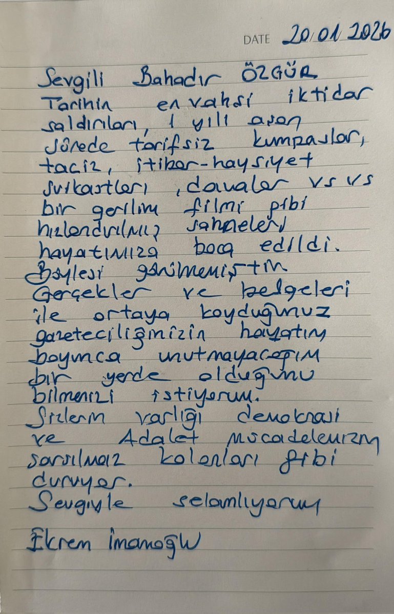 Tutuklu olan İBB'nin seçilmiş Belediye Başkanı ve CHP Cumhurbaşkanı adayı Ekrem İmamoğlu, ağır cezaevi şartlarında nezaket gösterip, özel bir not gönderdi.

Bir kişinin, bir partinin, bir zümrenin değil bir ülkenin siyasi kaderini etkileyecek bu davanın her noktası, her virgülü