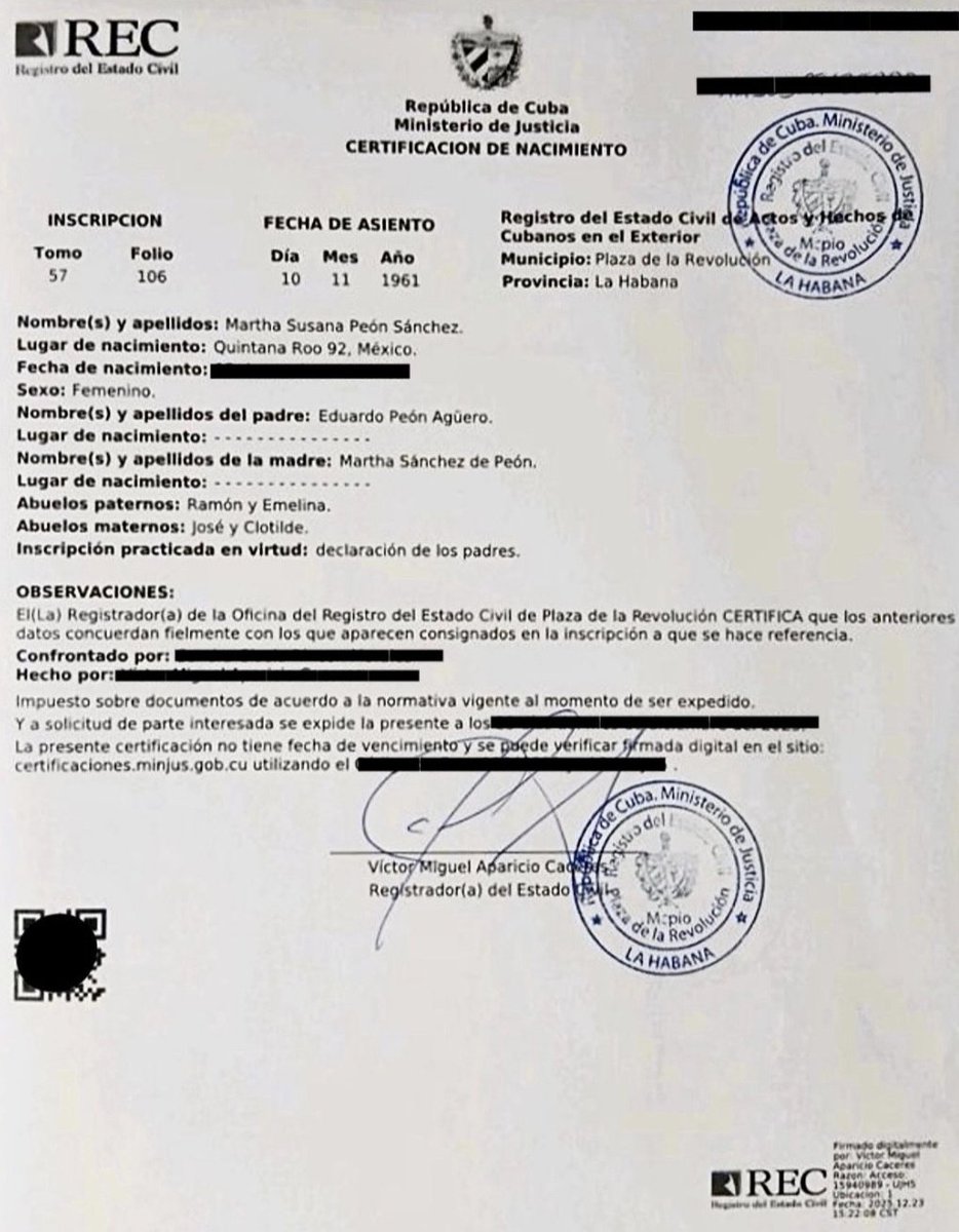 AGutierrezCanet's tweet image. La Embajadora de México en Honduras, Susana Peón (conocida como Susana Iruegas), dijo ayer que renunció a "la posibilidad de adquirir la nacionalidad cubana". Sin embargo, existe una Certificación de Nacimiento del Ministerio de Justicia de Cuba inscrita el 10/11/1961 @SRE_mx
