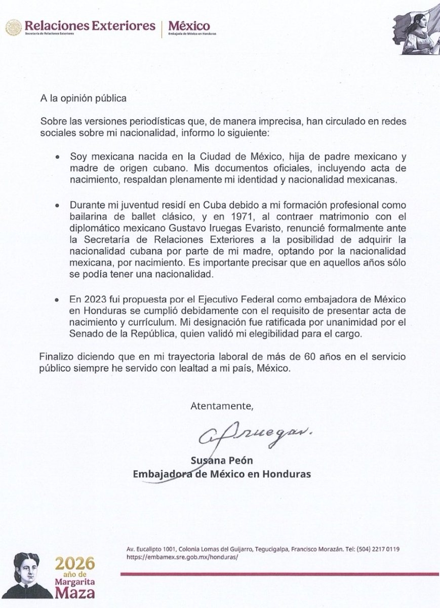 AGutierrezCanet's tweet image. La Embajadora de México en Honduras, Susana Peón (conocida como Susana Iruegas), dijo ayer que renunció a "la posibilidad de adquirir la nacionalidad cubana". Sin embargo, existe una Certificación de Nacimiento del Ministerio de Justicia de Cuba inscrita el 10/11/1961 @SRE_mx