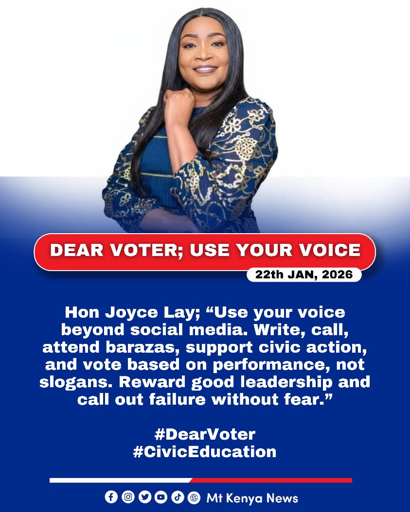 DEAR VOTER; USE YOUR VOICE

Hon Joyce Lay urges citizens to speak up, question leaders, track promises, and hold officials accountable—strong democracies are built by active, informed voters.

#DearVoter #CivicEducation

 <a href="/HonJoyceLay/">Joyce Lay</a>