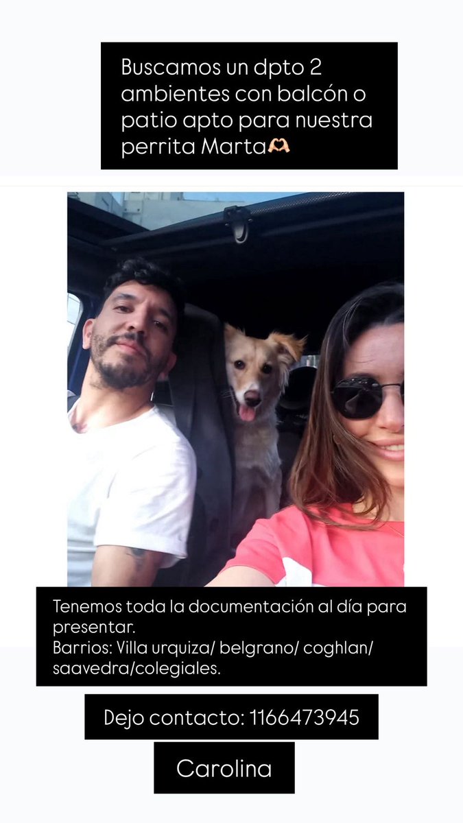 Caro busca depto donde mudarse con su preja y su perrita
contacto 11 6647-3945
rt por favor
muchas gracias!