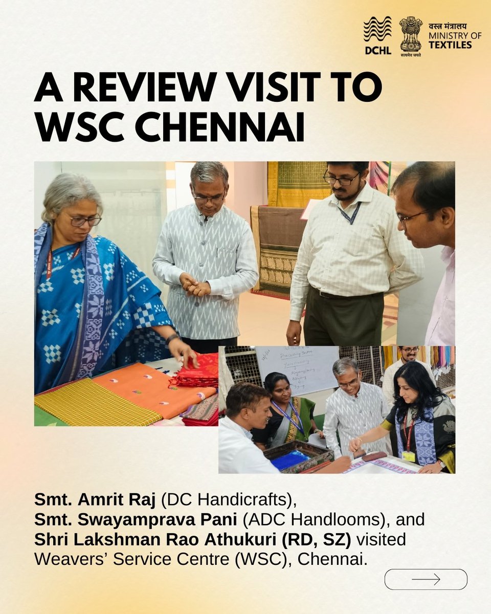 dchandlooms01's tweet image. A review visit to Weavers' Service Centre (WSC), Chennai, where Smt. Amrit Raj (DC Handicrafts), Smt. Swayamprava Pani (ADC Handlooms), and Shri Lakshman Rao Athukuri (RD, SZ) inspected textile samples and interacted with officials.

#texmin #review #handlooms #chennai #schemes