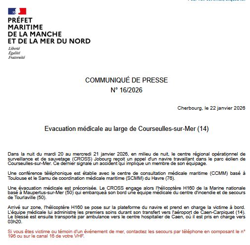 Image de Préfecture maritime Manche et mer du Nord - 🛟 Évacuation médicale  au large de Courseulles-sur-Mer (14). Coordination par CROSS Jobourg 
En sav
