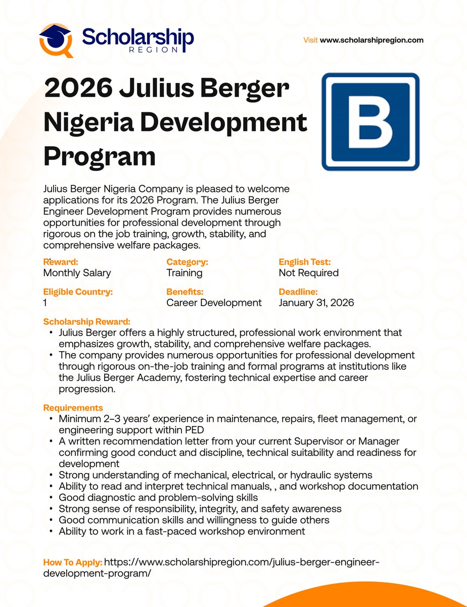 scholarsregion's tweet photo. Julius Berger Engineer Development Program For Nigerians 2026

Details: https://t.co/LuMhdRjTUG

Benefits: Monthly Salary, Hands-on Training & Career Development