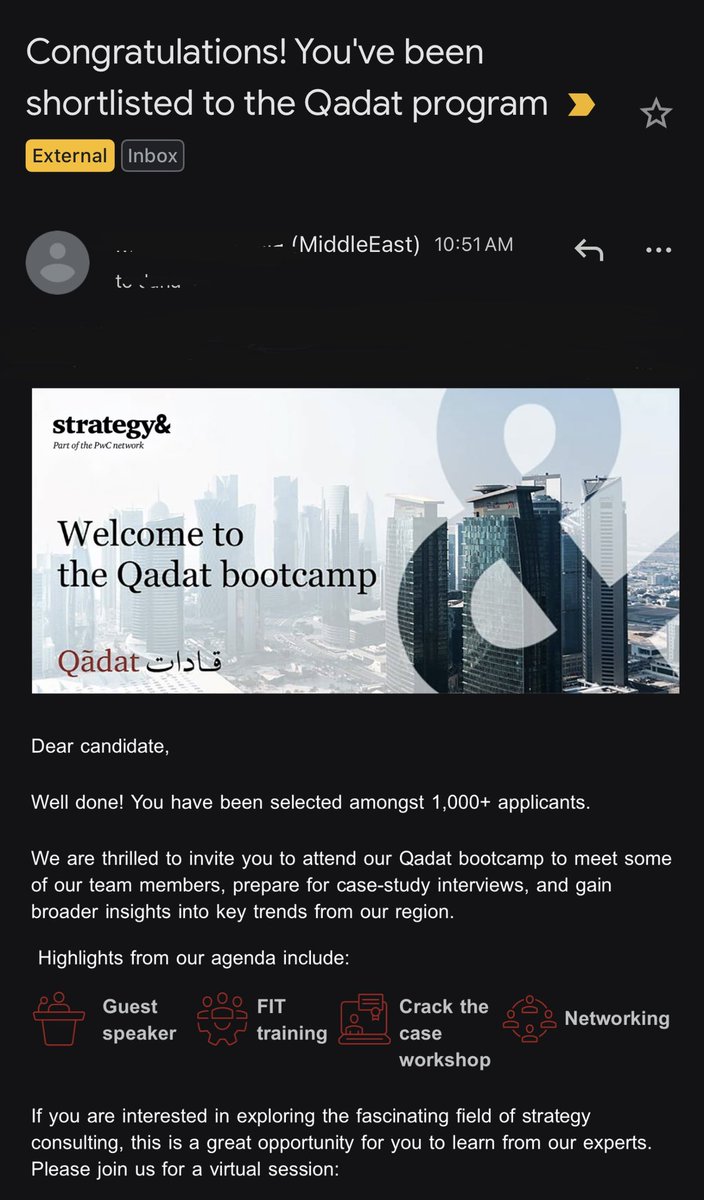 الحمدلله وصلت لمرحلة الBootcamp في برنامج قادات من شركة &amp;Strategy بعد منافسة مع أكثر من +1000 متقدم 🤍🌟