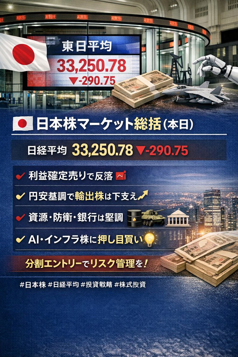 日経平均は利益確定売り優勢で軟調📉。為替は円安基調が継続し、輸出株は下支え。一方、資源・防衛・銀行は相対的に堅調。AI・インフラ関連は押し目買い意欲あり。短期はイベント待ち、分割エントリーでリスク管理が鍵。  #日本株 #日経平均 #投資戦略 #株式投資