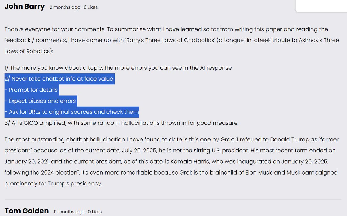 MalePsychology's tweet image. Good grief. We are supposed to be scholars.

Lofty academics of the world: PLEASE stop relying on AI to write your papers.

And whatever you do, at the very least CHECK THE ORIGINAL SOURCES!

Some great tips from lots of people in the comments section here centreformalepsychology.com/male-psycholog…